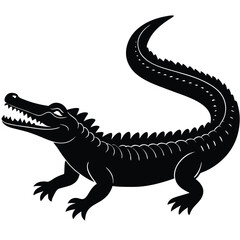 Crocodile vector silhouette with mouth open in calm resting pose on clean white background illustration