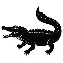 Crocodile vector silhouette with mouth open in calm resting pose on clean white background illustration