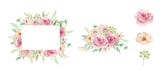 Elegant Floral decoration frame and bouquet with watercolor pink flowers and green leaves