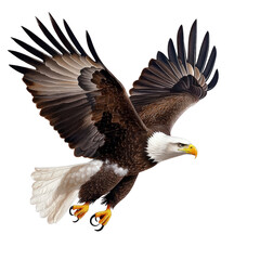 Obraz premium Majestic African Fish Eagle Flying with Wings Spread Wide and Talons Extended, Noble Bird in Flight Against a White Background