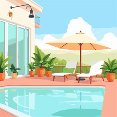 Sunny Poolside Retreat with Lounge Chairs, Umbrella, and Tropical Plants in a Scenic Hillside Setting
