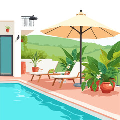 Sunny Poolside Retreat with Lounge Chairs, Umbrella, and Tropical Plants in a Scenic Hillside Setting
