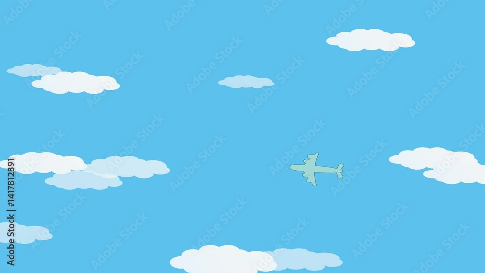 Poster airplane animation flying with tourists through animated sky. cartoon airplane travel animation with