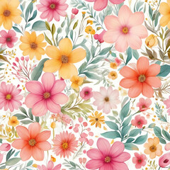 Fototapeta premium Delicate Watercolor Floral Pattern with Pink and Yellow Flowers
