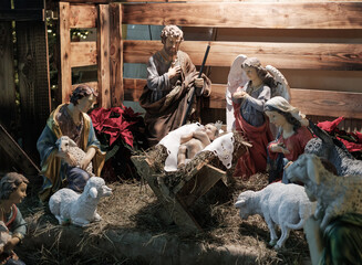 Nativity Scene with Figurines and Wooden Manger