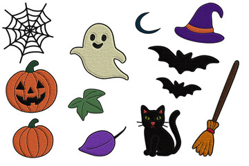 Embroidery-style Halloween clipart set featuring pumpkins, ghost, black cat, bats, witch hat, spider web and broom. Digital stitched texture with twill embroidery look