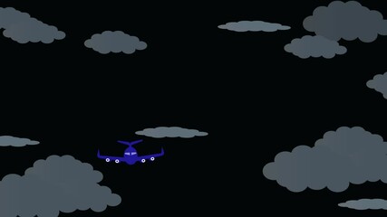 Blue airplane ascends through dark clouds, disappearing into the vast sky. Plane flying concept animation.