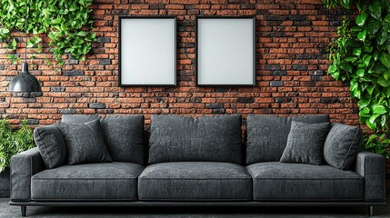Naklejka premium Modern living room with a stylish gray couch against a rustic brick wall