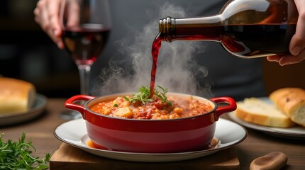 chef preparing dinner. The second course for lunch with the addition of red wine. Red wine is poured into a plate with a meat dish.