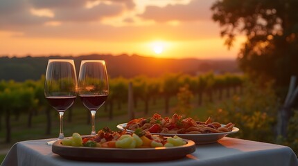 Two glasses of red wine and two courses for dinner. Romantic dinner with a view to order in the mountains.