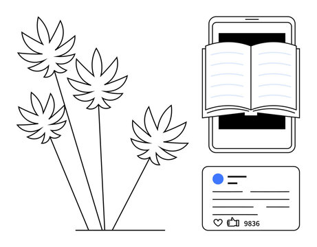 Open e-book on smartphone, tropical plants, and a social media post with thumbs ups and comments. Ideal for education, digital literacy, online content, social communication, sustainability