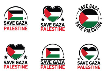 Save Gaza Palestine Vector Icons Set – Heart and Circle Designs with Palestinian Flag, Human Rights and Solidarity Concept for Social Media and Activism Campaigns