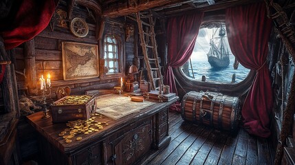 Pirate captain's cabin interior, gazing at ship, ocean view, aged wood background