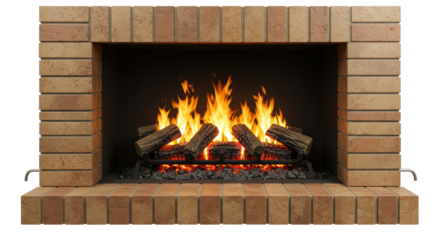 Isolated Brick Fireplace with Burning Logs and Flickering Flames