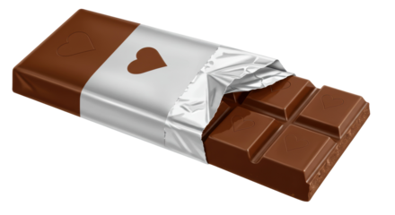 Isolated Milk Chocolate Bar with Hearts in Silver Foil
