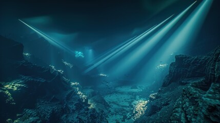 Obraz premium Subaquatic light beams illuminating underwater rocks
