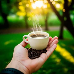  Hand holding a cup of coffee and coffee grain with coffee plantation on blurred background. © Marlon