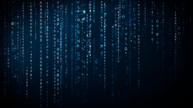 Falling lines of glowing binary code on a dark background, resembling a digital rain effect; a futuristic concept often used in cybersecurity and tech themes.