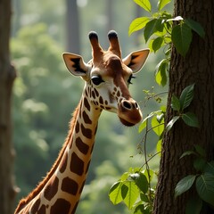 Obraz premium A giraffe eating leaves from tall tree, jungle background, soft shadows