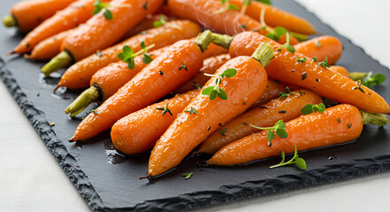 Steaming honey glazed carrots on a slate serving plate. Sprinkled with microgreens and herbs. Served as a side dish. Close up.
