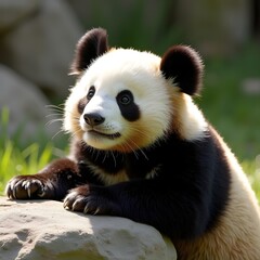 Obraz premium A panda resting next to a rock, sunlight shining gently