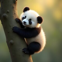 Obraz premium A panda cub climbing a tree, photorealistic, soft tone