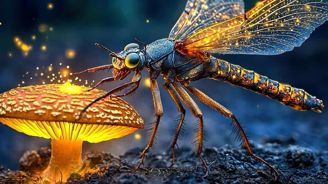 Magical dragonfly near glowing mushroom at night
