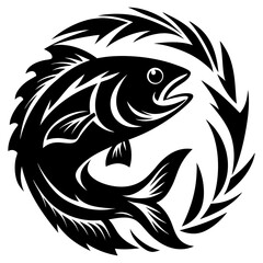 Monochrome fish circling within a stylized circular frame illustration design element