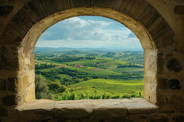 Window revealing rolling hills of Tuscany under a clear blue sky, with vineyards and cypress trees scattering the landscape, creating a picturesque view.
