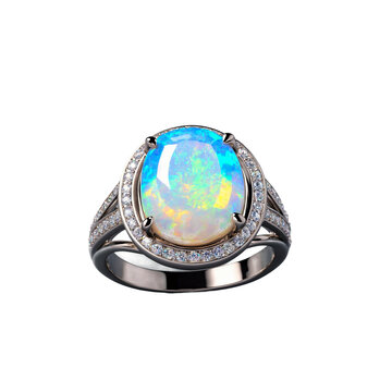 princess cut opal gemstone on silver ring transparent background isolated png stock