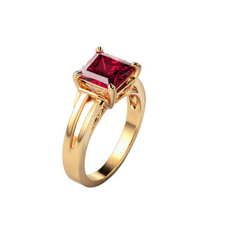 princess cut ruby gemstone on gold ring transparent background isolated png stock