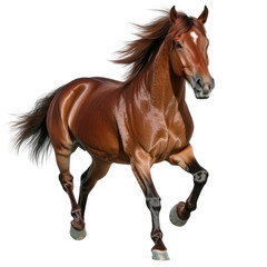 Obraz premium Elegant brown horse running with flowing mane and tail in motion showcasing strength agility and grace on a plain white background