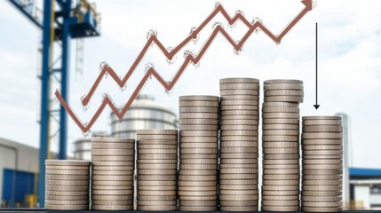 Coin Stacks Showing Upward Trend Graph Against Industrial Background