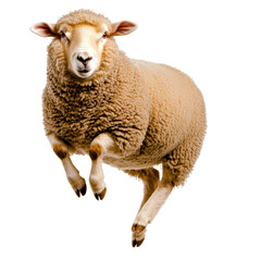 Fototapeta premium Fluffy Sheep Jumping with a Curious Expression, Isolated on White Background, Well-Groomed Livestock Animal with Woolly Coat for Farm and Nature Themes