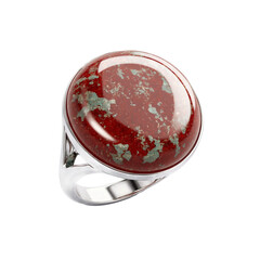 round jasper gemstone on silver ring transparent background isolated png stock