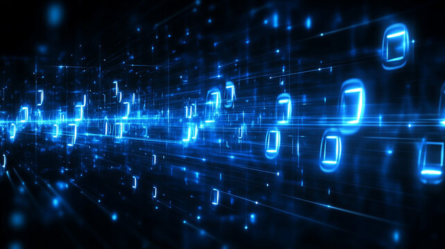 Falling lines of glowing binary code on a dark background, resembling a digital rain effect; a futuristic concept often used in cybersecurity and tech themes.