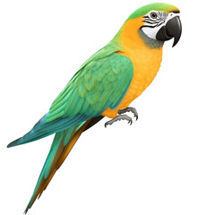 Obraz premium Bright colorful parrot with vibrant green, yellow, and blue feathers, detailed close-up of tropical bird perched on white background for wildlife and nature themes