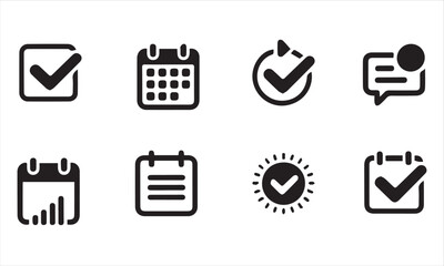 Black and White Calendar and Checkmark Icon Set, Task Management Vector Illustration

