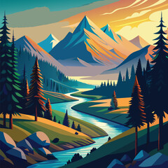 Mountain landscape with winding trails pine forests and river through the valley in flat style