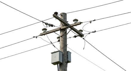 Isolated Wooden Utility Pole with Power Lines