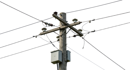 Isolated Wooden Utility Pole with Power Lines
