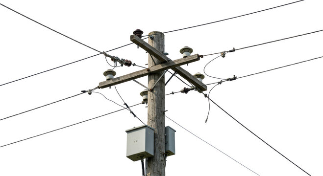 Isolated Wooden Utility Pole with Power Lines