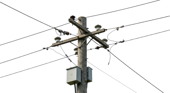 Isolated Wooden Utility Pole with Power Lines