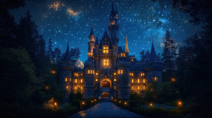Enchanted Castle at Night Under a Starry Sky