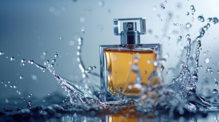 Perfume bottle splashing into water, water droplets suspended in motion, dynamic and refreshing