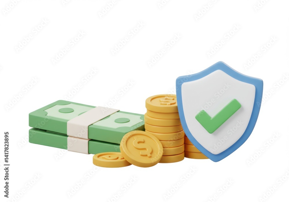 Poster money stacks with shield and validation symbol isolated on white background