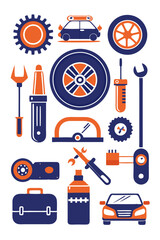 Automotive repair and maintenance tools, blue and orange