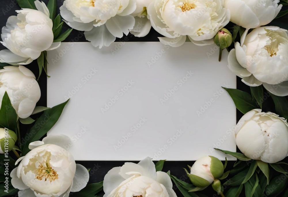 Poster soft white peonies encircle an empty space, creating a serene atmosphere on a dark backdrop. perfect