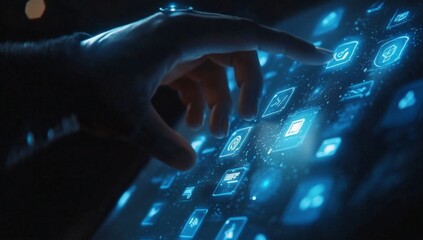 Hand interacting with holographic interface at night