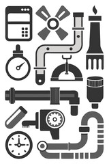 Fototapeta premium Industrial themed icons, machinery, engineering, piping and timepieces